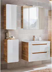 Conjunto de muebles de baño Lomadox con lavabo de 81 cm y armario con espejo LED, blanco brillante con imitación roble Wotan, armario colgante, armario bajo