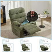 Sillón reclinable mecedor con masaje y calefacción, silla reclinable giratoria de 360 grados para adultos, silla de guardería de lino con bolsillo lateral y dos portavasos