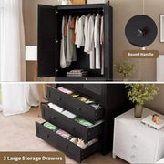 Armario ropero COZONY con 3 cajones y 2 puertas, clóset de madera moderno para dormitorio, armario de pie resistente de color blanco