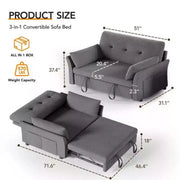 Sofá cama extraíble 3 en 1 de 51 pulgadas, sofá biplaza convertible con respaldo reclinable ajustable, sofá tapizado en chenilla, bolsillo lateral