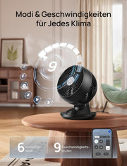 Ventilador de mesa 3D DREO muy silencioso 22 dB, ventilador pequeño con mando a distancia, flujo de aire potente de 8,8 m/s, oscilación de 90°, control por aplicación y voz, 9 niveles, temporizador de 8/12 h para dormitorio y oficina
