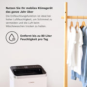 Acondicionador de aire móvil Bosch Cool 4000 - 3 en 1: aire acondicionado, deshumidificador, ventilador - 2,6 kW para habitaciones de hasta 35 m² - Con modo automático, modo silencioso y modo de suspensión