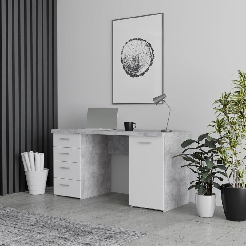 Escritorio Forte NET106 140 150, escritorio con 4 cajones y 1 puerta, oficina en casa, despacho, mesa de ordenador, madera reconstituida, efecto hormigón gris claro / blanco, 145 cm de ancho x 60 cm de profundidad x 76,3 cm de alto