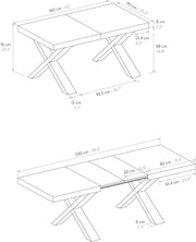 Mesa extensible PAZZO DESIGN Elisa, mesa para salón o cocina, patas en cruz X negras, fabricada en Italia, roble rústico, 160x90x76 cm - id_1997