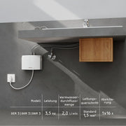 Minicalentador de paso DHM 3 hidráulico 3,5 kW 230 V con enchufe para lavabo, montaje bajo encimera