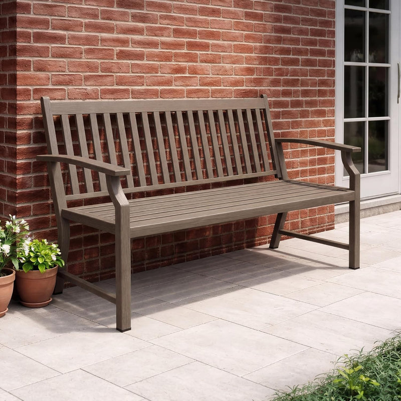 UDPATIO Banco de jardín de metal con aspecto de madera, banco resistente a la intemperie para balcón y jardín, banco de 2-3 plazas, muebles de balcón con respaldo y reposabrazos, marrón