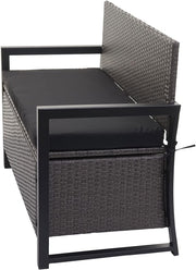 Banco de jardín Mendler Poly-Rattan 2 plazas HWC-F39AM, banco arcón, compartimento de almacenamiento con cojín - gris, cojines negros
