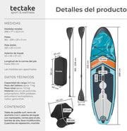 tectake® Tabla de Stand Up Paddle Hinchable, incluye remo 2 en 1, asiento de kayak, bomba de aire, mochila de transporte, Stand Up Paddle, accesorios para paddle surf, tabla hinchable