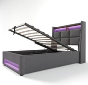 Cama tapizada Kayan 90x200cm, cama individual con almacenamiento y somier, cabecero LED con función de carga USB, cama con almacenamiento, cama funcional, respaldo, estructura de cama, lino (Gris, 90x200cm)