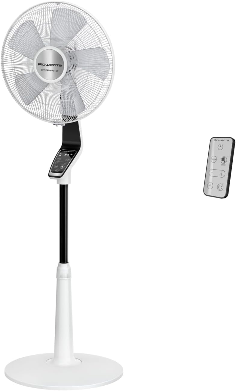 Ventilador de pie Rowenta Turbo Silence Extreme, 14 velocidades, modo noche silenciosa de 32 dB, mando a distancia, oscilación, altura ajustable, circulación de aire hasta 8,2 m, blanco, VU5690F0