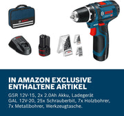 Taladro atornillador a batería Bosch Professional 12V System GSR 12V-15 (incluye 2 baterías de 2,0 Ah, cargador, set de 39 accesorios, bolsa de herramientas) - Exclusivo de Amazon