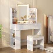 Tocador Devoko con espejo, mesa de maquillaje con espejo LED de brillo ajustable, tocador con taburete, 2 cajones, 4 estantes, moderno, 90 x 40 cm, blanco