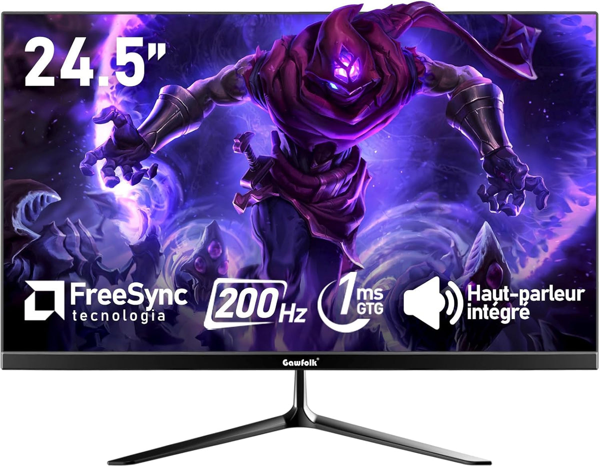 Monitor de PC Gawfolk de 24,5 pulgadas, monitor para juegos de 200 Hz, FHD 1080p, altavoces integrados, 1 ms, FreeSync, 99% sRGB, ángulo de visión de 178°, HDMI, DisplayPort, negro