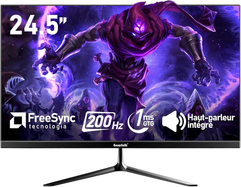 Monitor de PC Gawfolk de 24,5 pulgadas, monitor para juegos de 200 Hz, FHD 1080p, altavoces integrados, 1 ms, FreeSync, 99% sRGB, ángulo de visión de 178°, HDMI, DisplayPort, negro