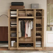 Armario ropero de gran capacidad de 8 puertas con barra para colgar, estantes ajustables y puertas decorativas de ratán, 70.87" de alto