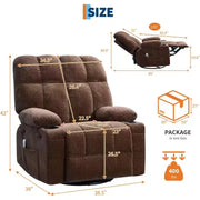 Sillón reclinable extragrande para adultos, sofá mecedor giratorio manual, bolsillos laterales y portavasos para personas altas y grandes, sala de estar