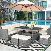 Conjunto de muebles de comedor para patio de 7 piezas de ratán con sofá seccional, mesa de comedor, otomanas y cojines