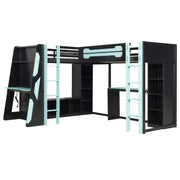 Litera tipo loft en forma de L para juegos con escritorios, litera doble con luces LED, puertos USB, estanterías de almacenamiento, cama alta esquinera de madera para 2 personas