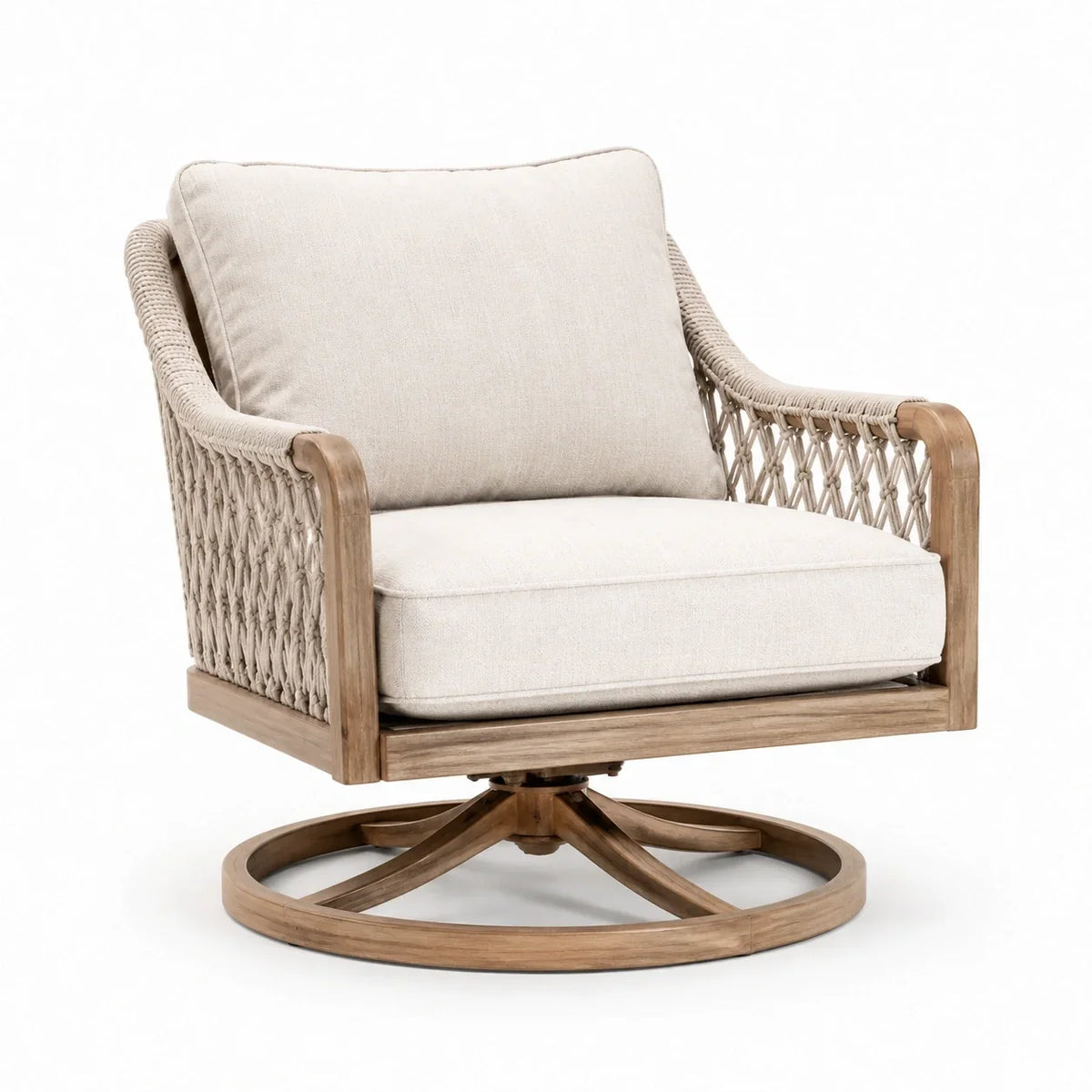 Sillón giratorio con estructura de madera y tapicería de poliéster, color arena, giratorio 360°