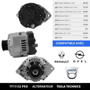 Alternador de coche TESLA TECHNICS TT11132 PRO 12V, 75A. Compatible con RENAULT, DACIA. Excelente relación calidad-precio. Instalación fácil y garantía.
