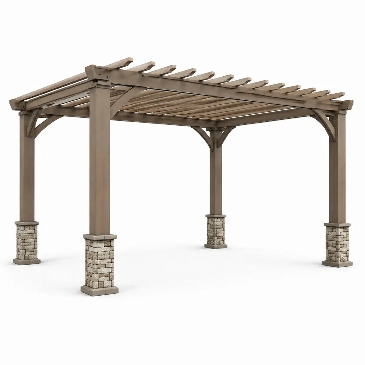 Pérgola de madera independiente con techo de lamas abiertas, 427 × 366 × 270 cm, marrón, beige y gris