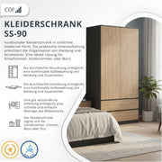 Armario infantil CDF de 90 cm de ancho, armario de dos puertas con 2 cajones, 3 estantes y una barra para colgar ropa, dormitorio, panel laminado de 16 mm, armario multiusos, roble artisan / antracita