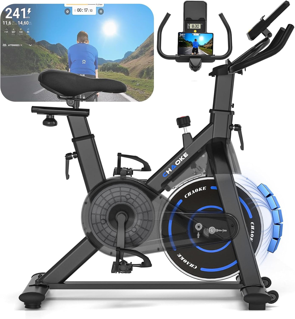 Bicicleta estática, CHAOKE Bicicleta estática silenciosa con resistencia magnética ajustable, bicicleta de ejercicio para interiores con aplicación y pantalla LCD, para entrenamiento cardiovascular, capacidad 150 kg