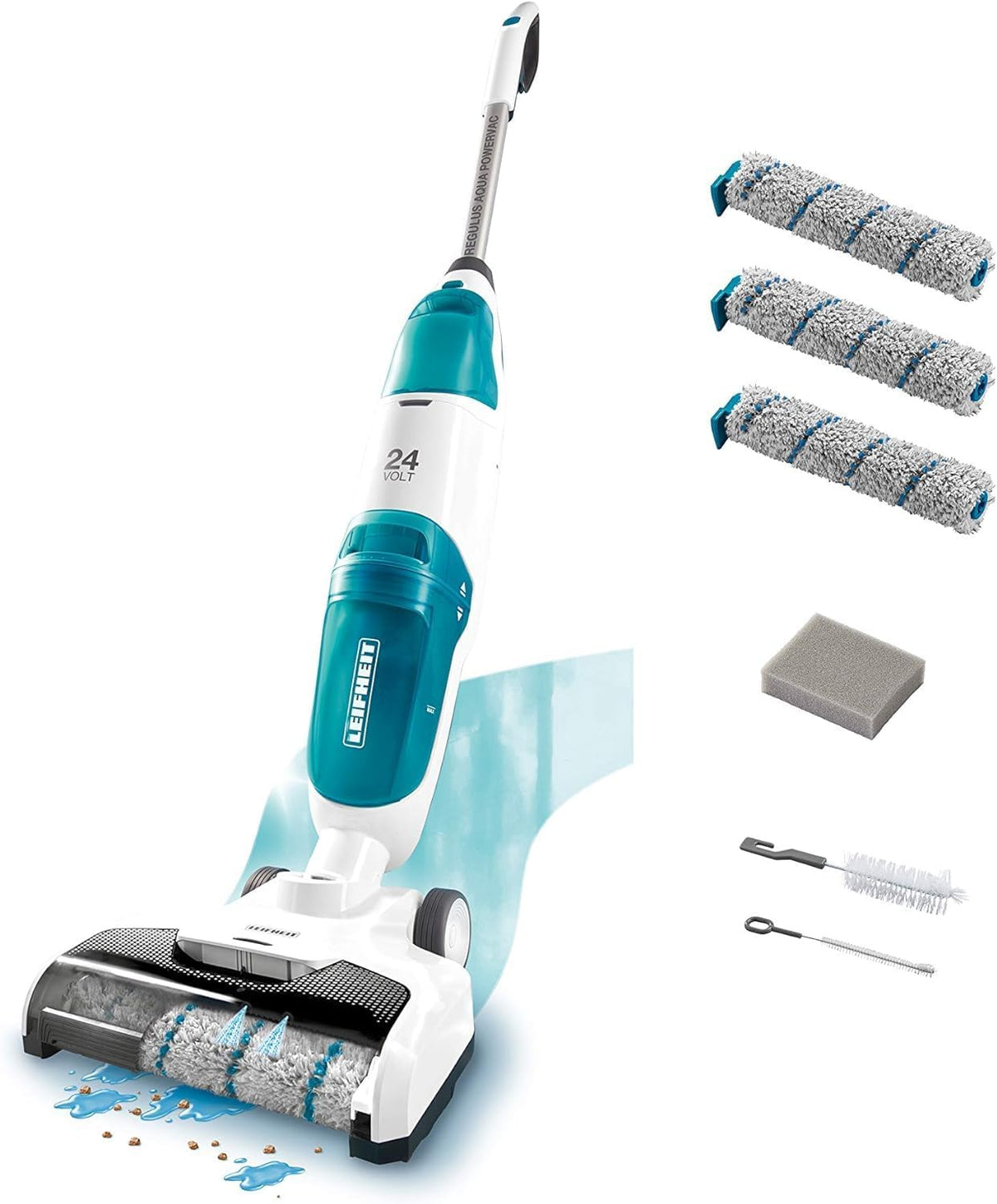 Set de aspirador fregasuelos a batería Leifheit Regulus Aqua PowerVac incl. accesorios, aspira y friega, aspirador en húmedo ligero con potente batería de 24 V, aspirador friegasuelos inalámbrico con 22 min de autonomía y función de soporte vertical