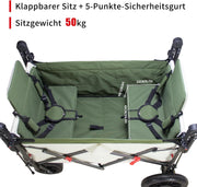 TOPWELL Carrito de transporte plegable de 180 l hasta 120 kg con 2 asientos plegables/techo/freno, carrito de transporte plegable con ruedas de poliuretano verde/beige