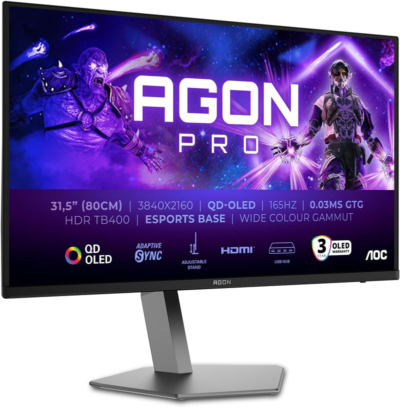 AOC Agon Pro AG326UDAM - Monitor de juegos OLED UHD de 32 pulgadas, 165 Hz, 0,03 ms, HDR400, FreeSync Prem. Pro, compatible con G-Sync. (3840x2160, 2X HDMI 2.1, 1x DP 1.4, concentrador USB) Negro Gris