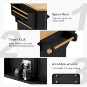 Isla de cocina extensible con alas abatibles, carrito de cocina sobre 4 ruedas con toma de corriente, mesa isla móvil con 2 puertas y 6 cajones