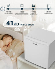 Mini frigorífico Upstreman de 46 L con congelador, termostato ajustable, ahorro de energía, silencioso, frigorífico superior con puerta reversible, minibar para dormitorio, oficina, hotel, blanco-FR17