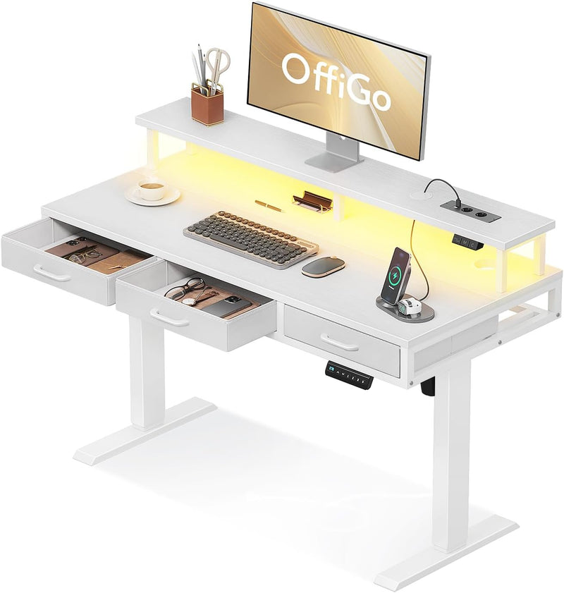 Escritorio eléctrico OffiGo con cajones, escritorio de altura ajustable de 120 cm con soporte para monitor, escritorio de pie con tomas de corriente y tira de luz, mesa de oficina regulable en altura, blanco