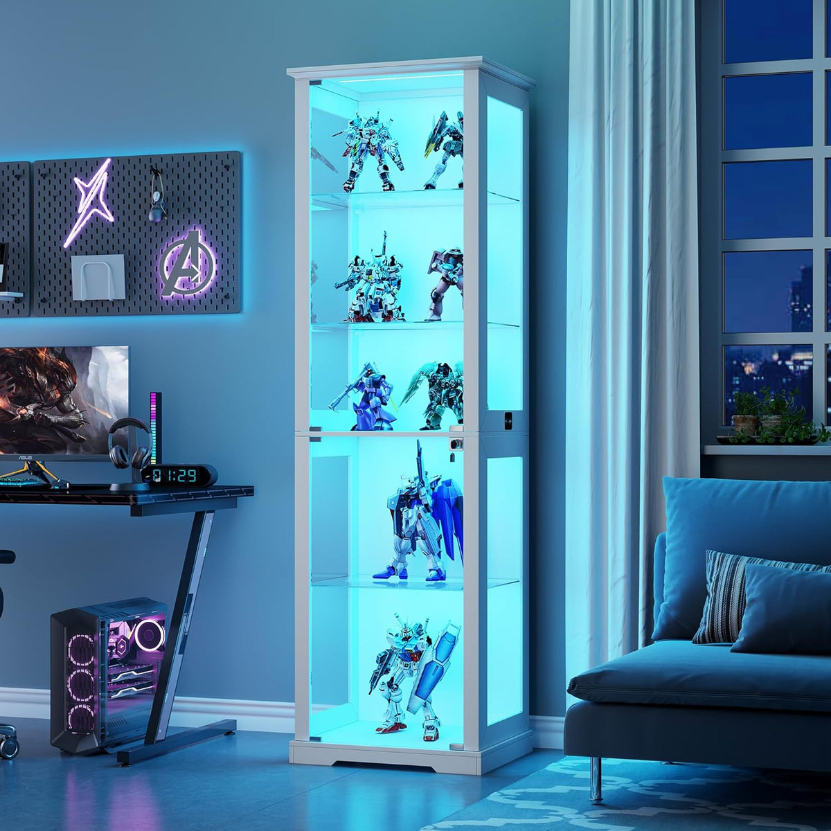 Vitrina de cristal Lvifur con iluminación LED y puertas de cristal para salón y dormitorio, 40×50×180 cm, armario vitrina de 5 niveles con sensor inteligente para objetos de colección, vino, blanco