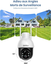Cámara de vigilancia exterior aosu con panel solar, PTZ, seguimiento automático de personas, visión nocturna 2K, alarma sonora y luminosa, audio bidireccional, compatible con Alexa/Google
