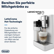 Cafetera superautomática De'Longhi Rivelia EXAM440.55.W con sistema de leche LatteCrema, recipiente de granos intercambiable, 16 bebidas de café y leche con solo tocar un botón, función Extra-Shot, pantalla táctil de 3,5 pulgadas, color blanco