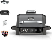 Ninja Woodfire Parrilla eléctrica, ahumador y freidora de aire, barbacoa para exteriores 7 en 1, freír con aire, ahumar, asar, hornear y más, resistente a la intemperie, antiadherente, portátil, eléctrica, gris/negro OG701EU