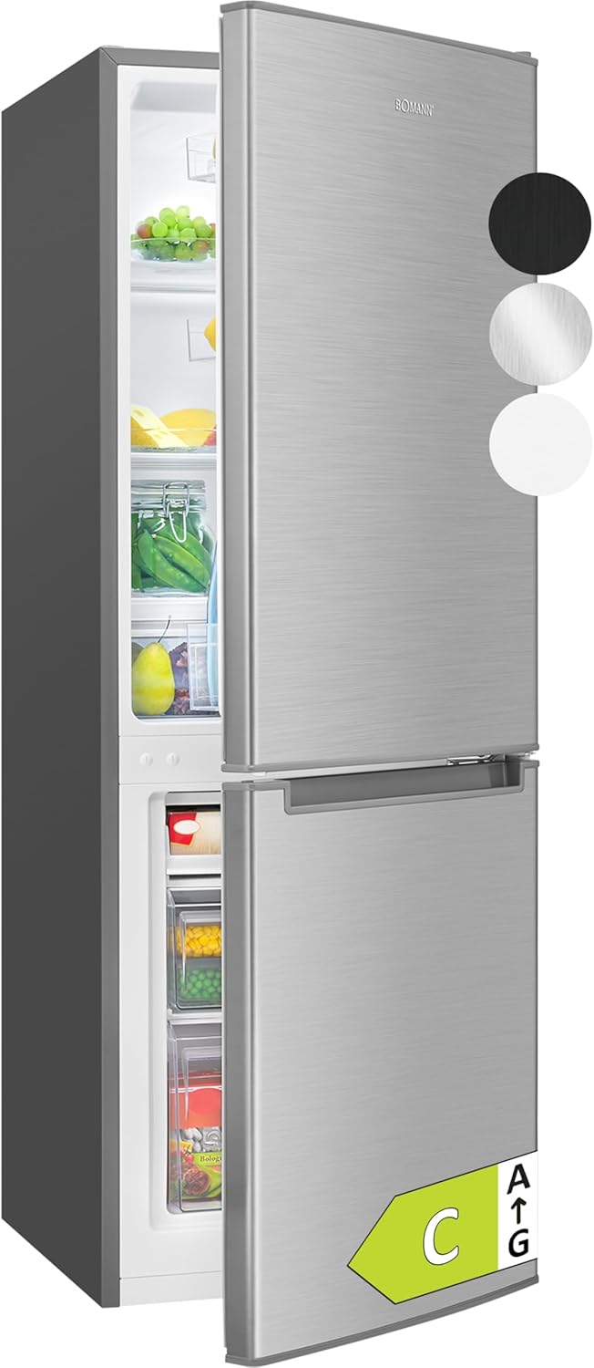 Bomann, Frigorífico y Congelador 173L Inox KG7359 - Frigorífico 121L, Congelador 52L, Iluminación LED, Control de temperatura, Alarma de puerta abierta, Ahorro de energía, Dimensiones 142,5x49,5x56 cm