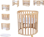 Cuna ovalada evolutiva Waldin, set completo 7 en 1, cuna de barrotes, cama infantil con colchón, cambiador, cuna colecho, madera blanca