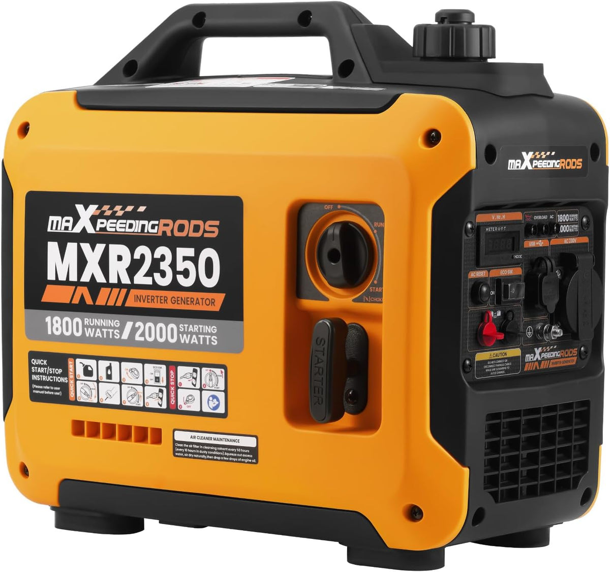 maXpeedingrods Generador Eléctrico Inverter Silencioso de Gasolina de 2000W y 4 Tiempos con Tomas USB y 230V, Pantalla Digital, Compacto y Ligero para Caravanas, Camping y Vehículos Recreativos