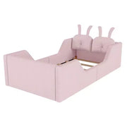Cama plataforma doble Whisen, cama de suelo tapizada para niños con cojín de conejo, barandillas laterales extraíbles
