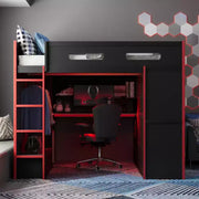 Cama alta matrimonial Merax con escritorio, armario, luces LED RGB y puerto de carga USB, elegante estructura negra con espacio de almacenamiento múltiple para amantes de los videojuegos