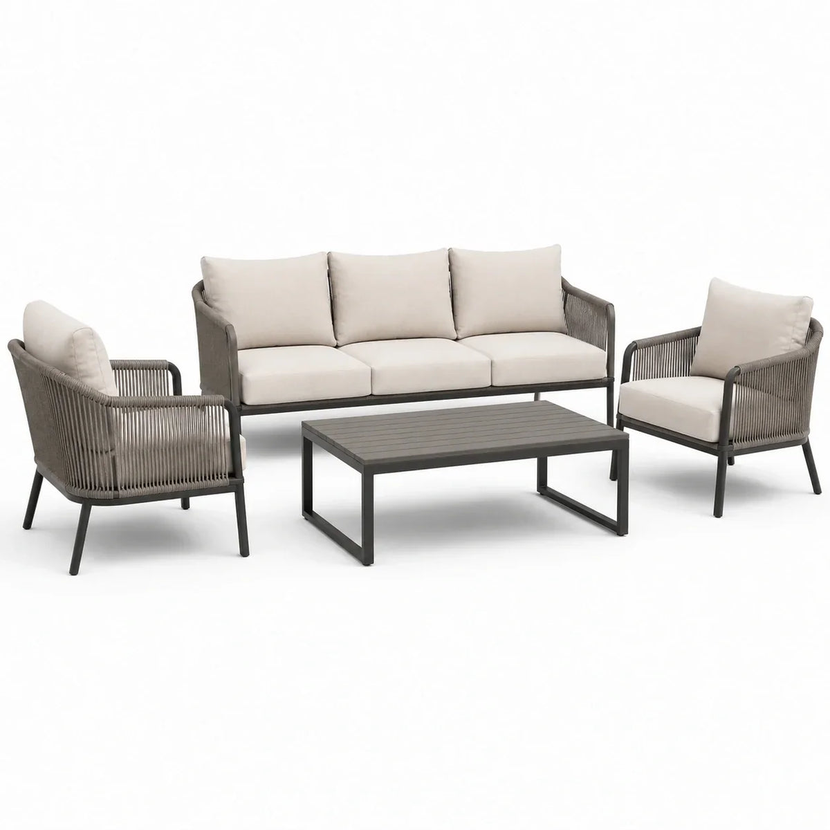 Juego de muebles de jardín de 4 piezas en beige, gris y antracita: sofá de tres plazas de 190 × 76 × 78 cm, 2 sillones y mesa de centro