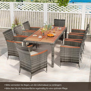 COSTWAY Juego de muebles de jardín de ratán de 9 piezas, conjunto de asientos para 8 personas, mesa de jardín con tablero de madera de acacia, 8 sillas y cojines, juego de muebles de terraza, conjunto de jardín, juego de asientos, grupo de comedor