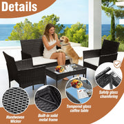 Set de muebles de jardín de polirratán para 4 personas con sofá de 2 plazas, 2 sillas, mesa y cojines, resistente a la intemperie, color negro, conjunto de muebles de terraza y balcón para jardín y patio