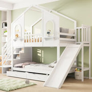 Cuna litera 90x200, cama alta en forma de casa con tobogán, escalera de almacenamiento, 2 cajones, ventanas y tejado, litera cama doble de madera con somier y protección anticaídas, pino, sin colchón, blanco