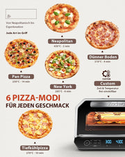 Horno para pizza eléctrico 450°C – Pizza napolitana en 90 segundos, ventana de visualización e iluminación interior, 6 programas y 6 modos de cocción, modo de chef profesional, pala para pizza, piedra para pizza y bandeja de horno, plateado