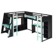 Litera tipo loft en forma de L para juegos con escritorios, litera doble con luces LED, puertos USB, estanterías de almacenamiento, cama alta esquinera de madera para 2 personas