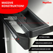 Carro de herramientas XXL Mephisto con 8 cajones, 7 de ellos equipados con herramientas como llaves fijas, carraca con juego de vasos, destornilladores, etc., en bandejas de espuma con acabado de carbono.