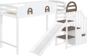 Kinderbett Etagenbett 90x200,Hausbett Hochbett mit Rutsche&Regal&Stauraum Treppe,Bettgestell mit Rausfallschutz&Lattenrost, Funktionsbett Stockbett Spielbett Jugendbett,Kiefernholz,Ohne Matratze,Weiß